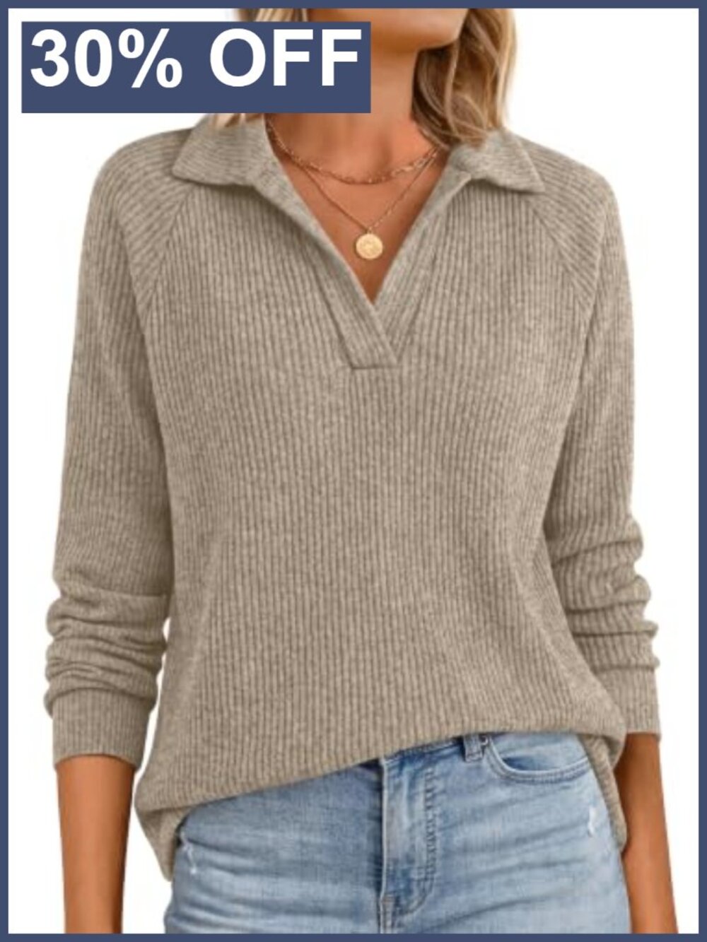 Womens V-Neck Long Sleeve Polo Shirt Ribbed Knit Pullover Top